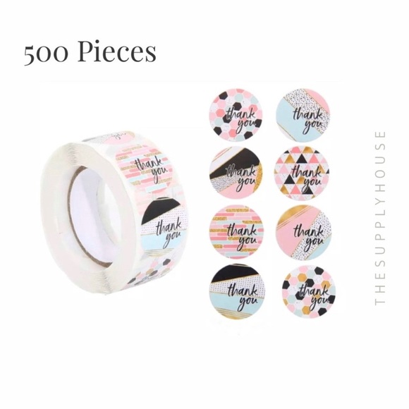 500 Thank You Stickers. Pink Black Gold Mixed Pattern. Envelope Seals 1 Roll. - Picture 6 of 9